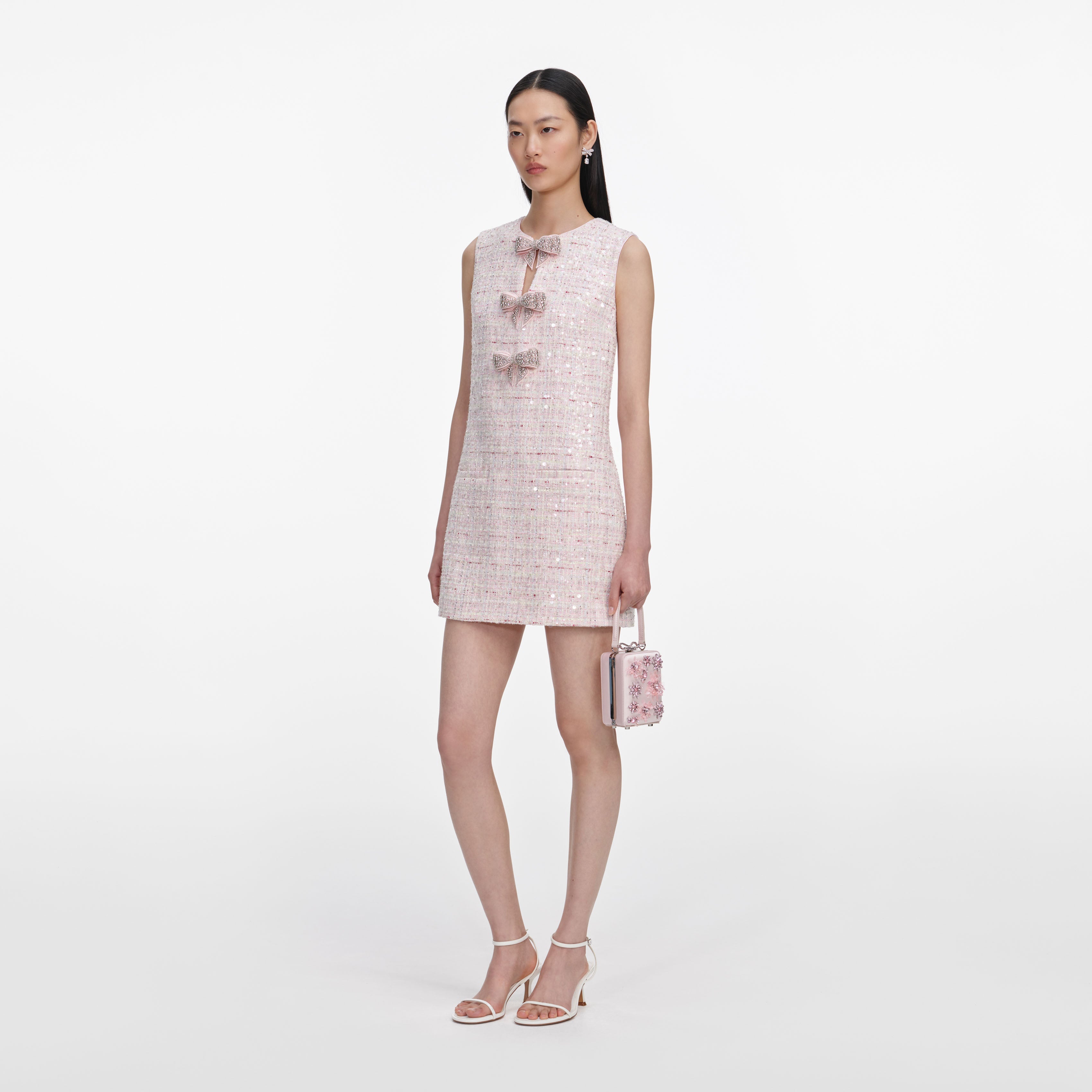 Pink Sequin Boucle Bow Mini Dress