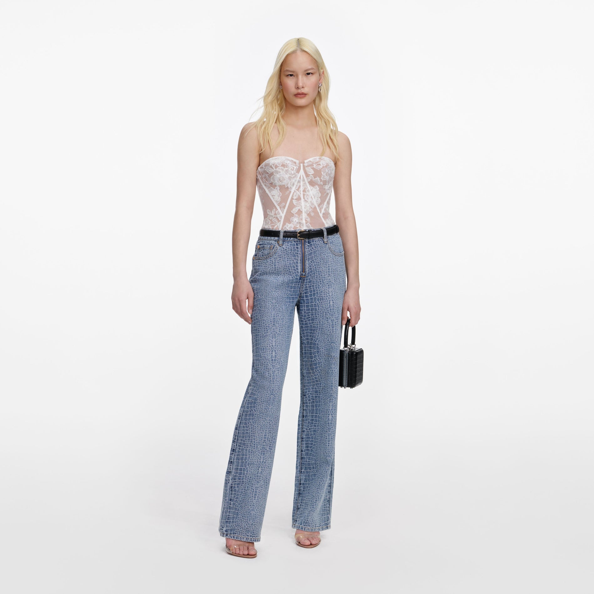 Front view of a woman wearing the White Sequin Lace Bandeau Top