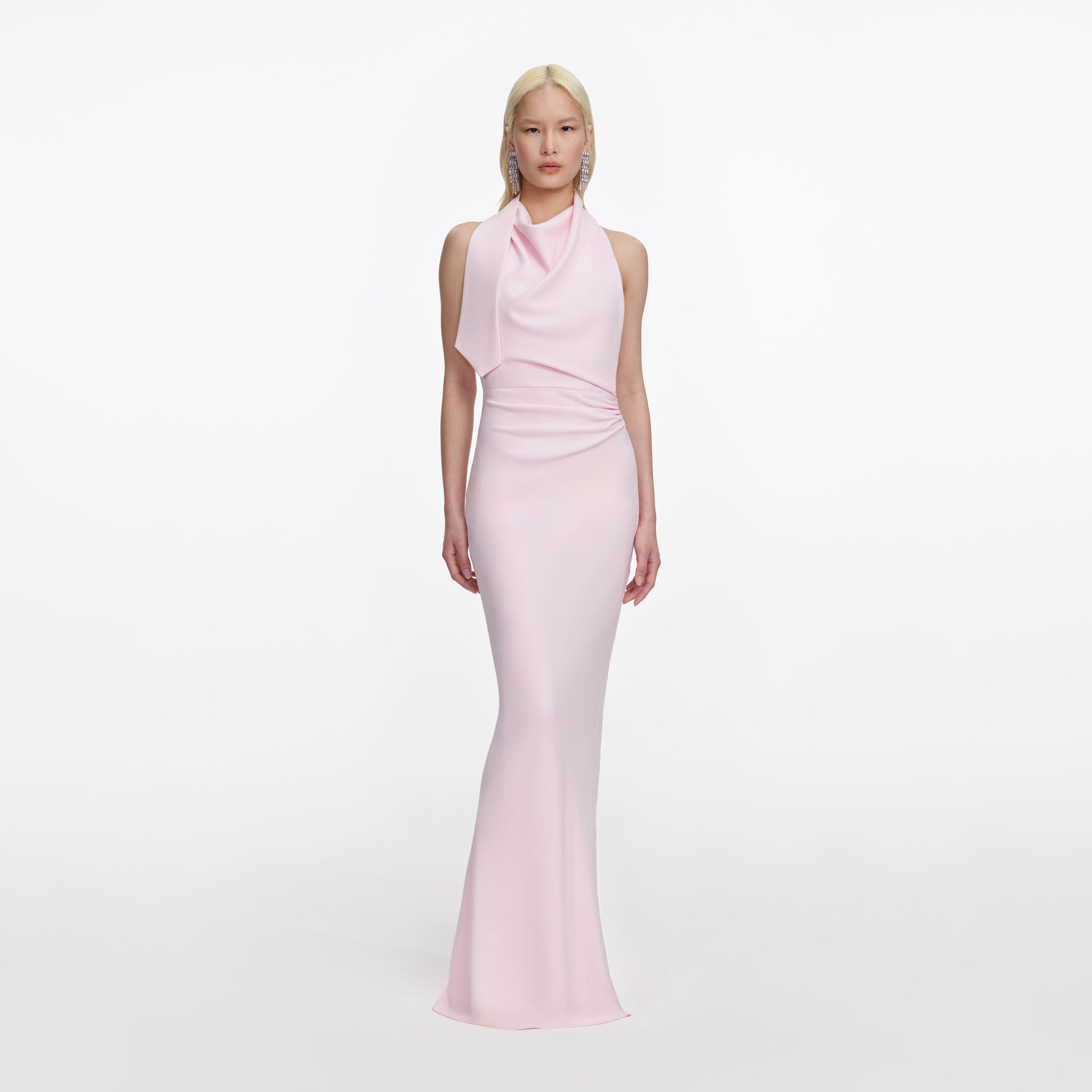 Front view of a woman wearing the Pink Crepe Halter Neck Maxi Dress