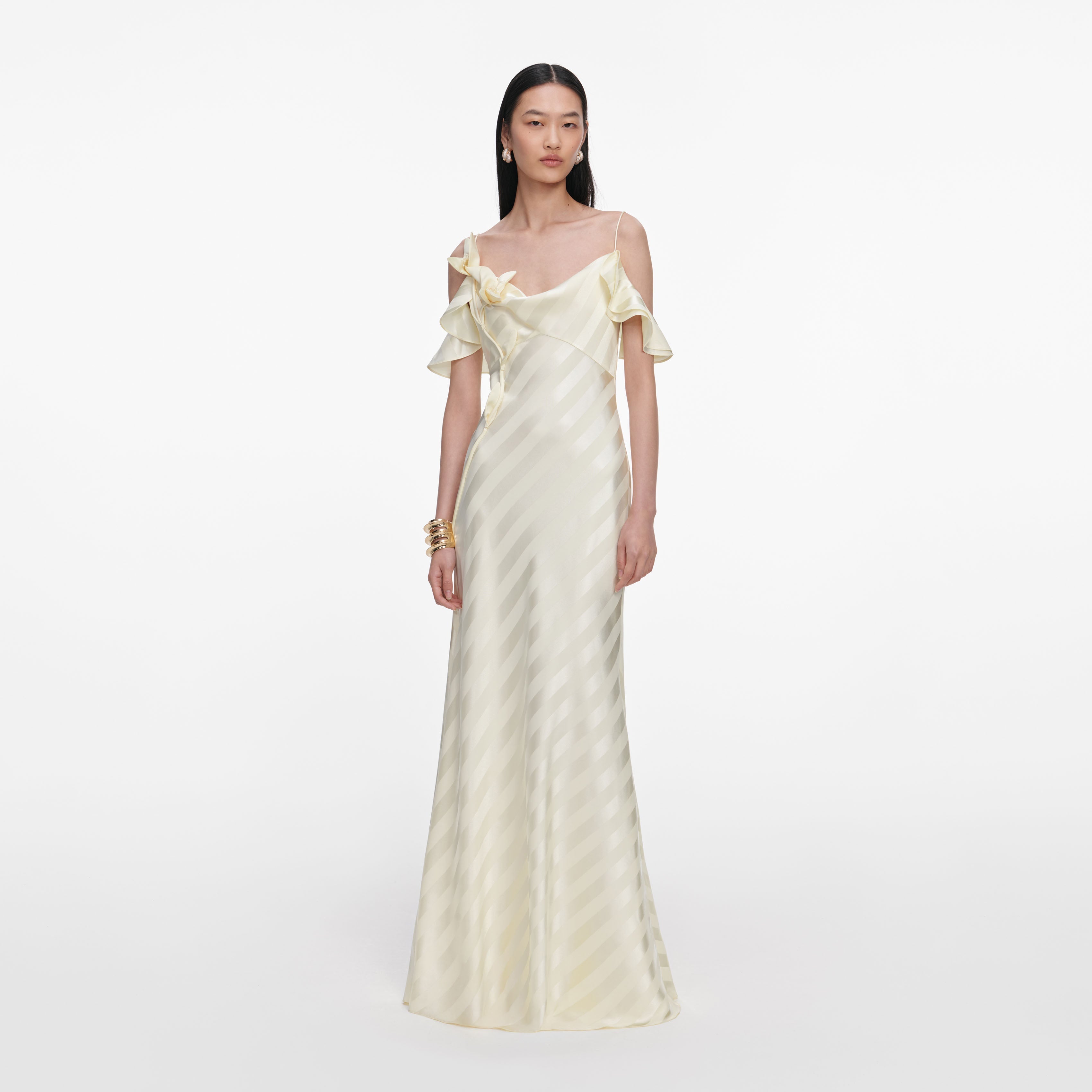 Yellow Satin Striped Maxi Dress