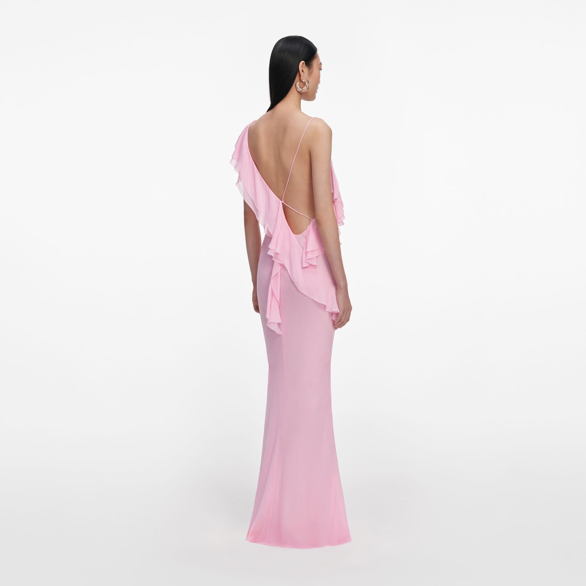 Back view of a woman wearing the Pink Georgette Frill Maxi Dress