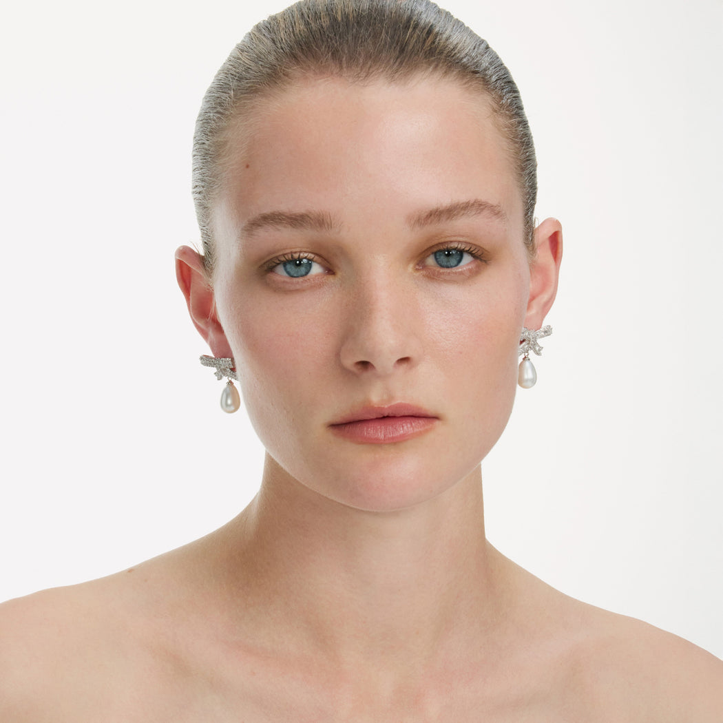 Crystal Bow Pearl Droplet Earrings
