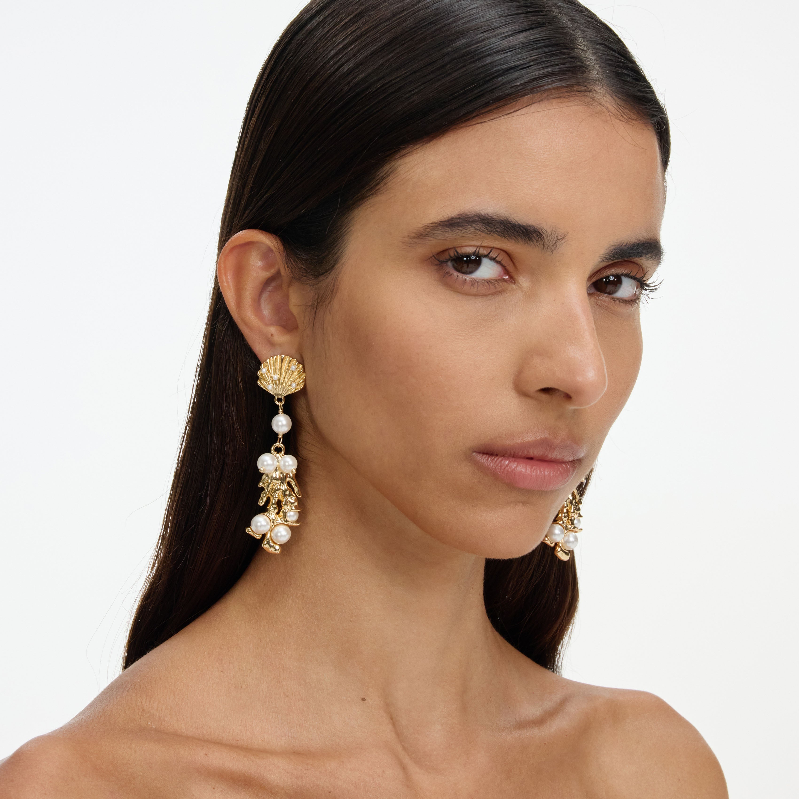 Gold Shell Pearl Coral Earrings