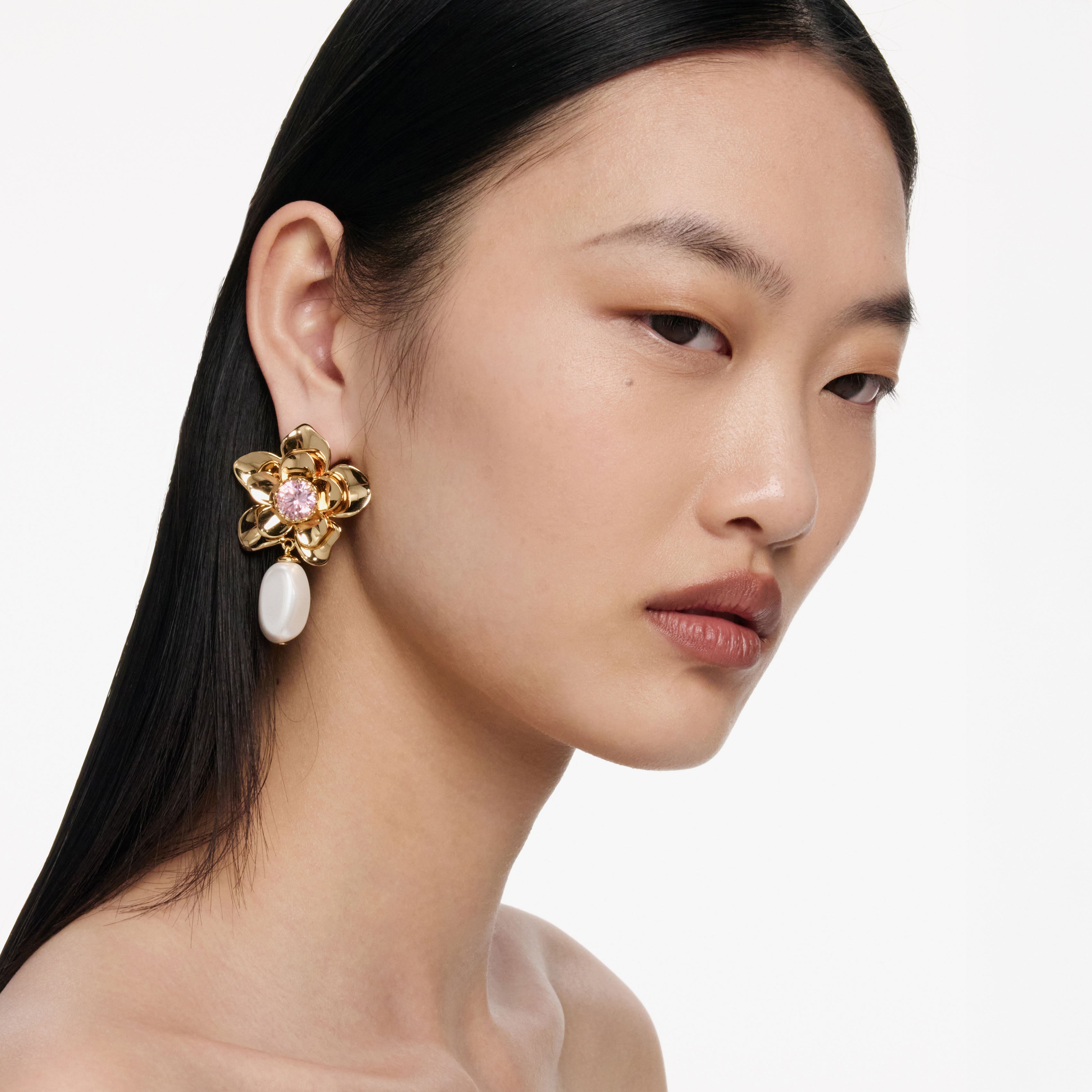 Gold Flower Pink Crystal Earrings