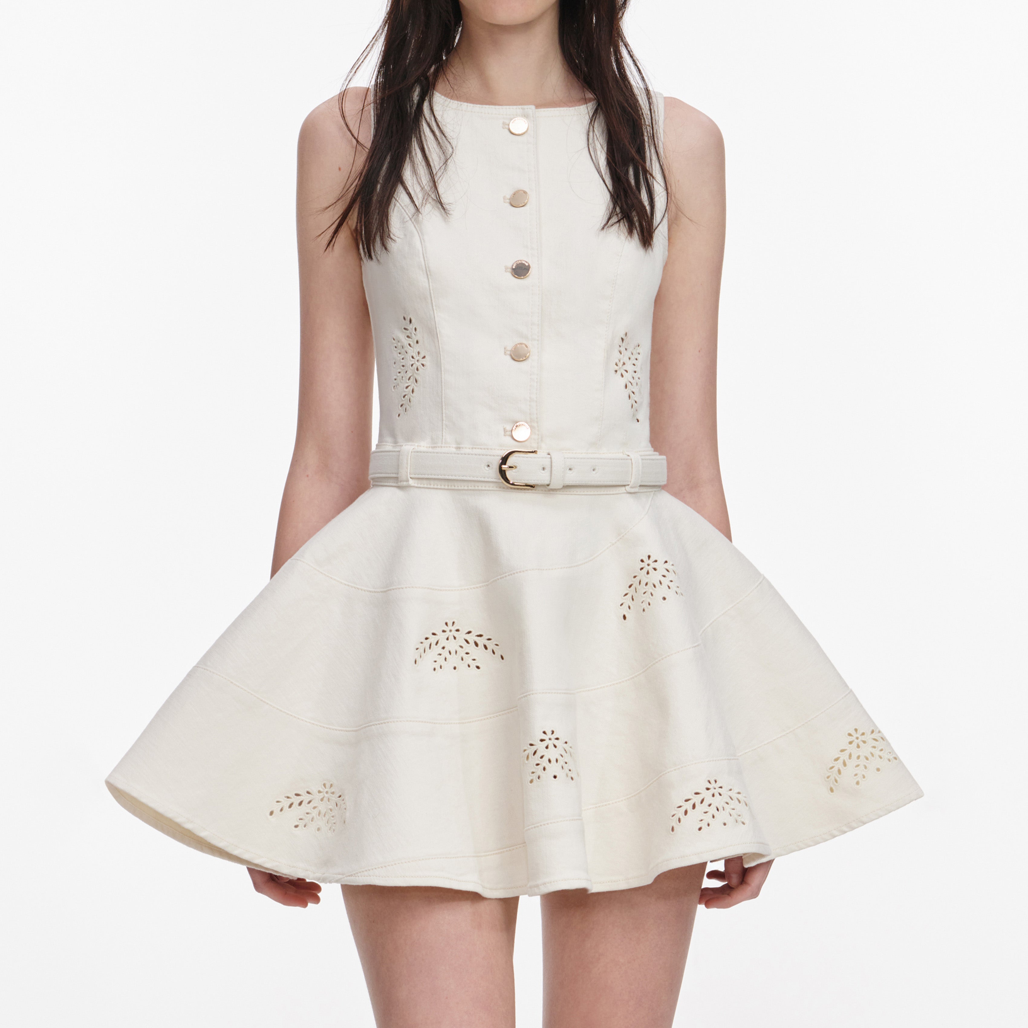 Cream Broderie Denim Sleeveless Mini Dress