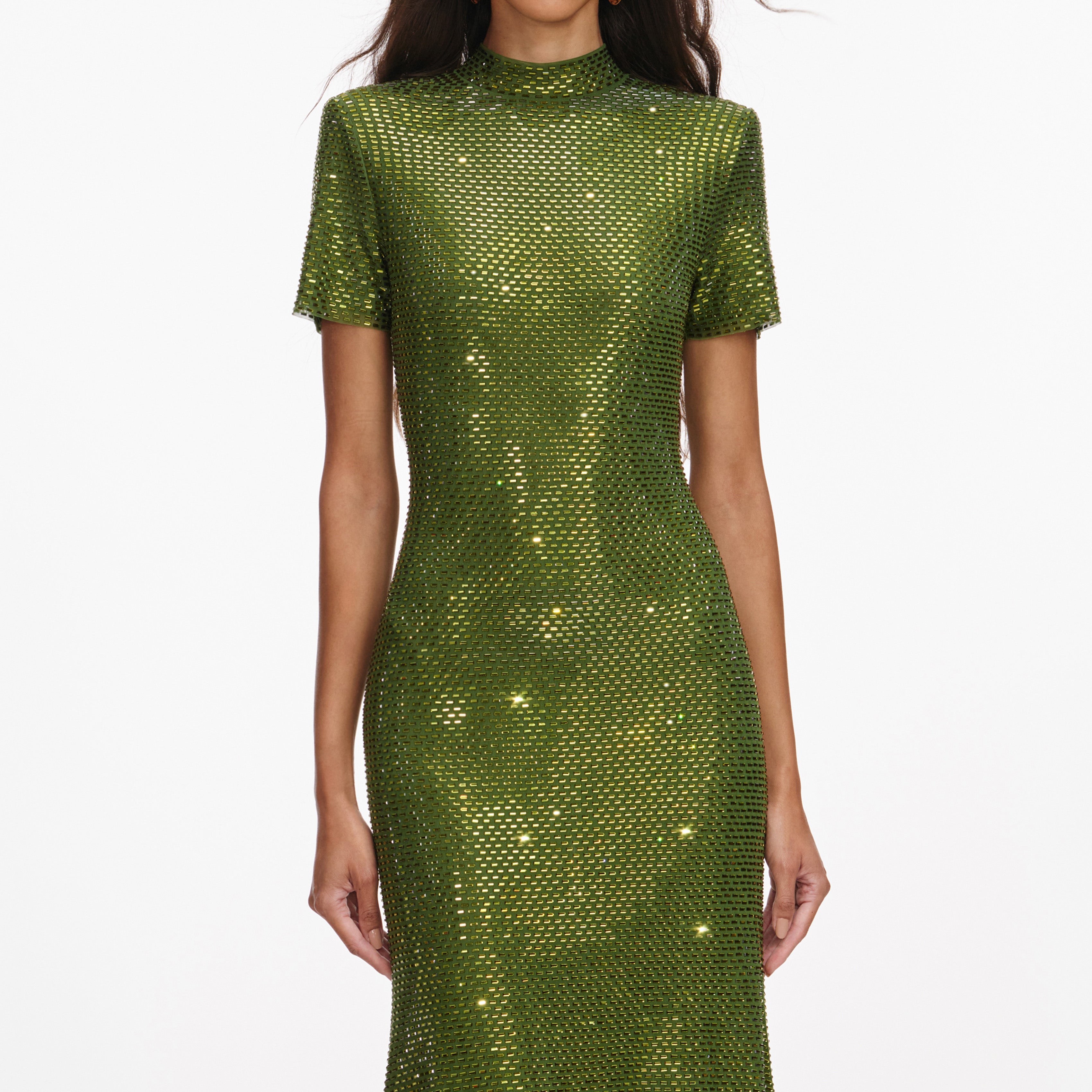 Olive Rhinestone Mesh Midi Dress