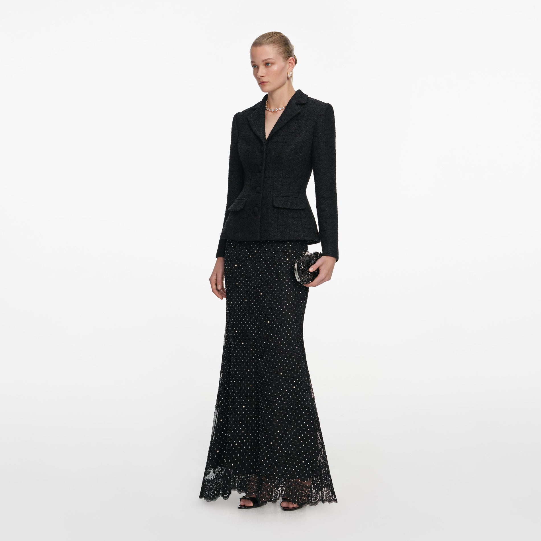 Black Boucle Rhinestone Lace Maxi Dress
