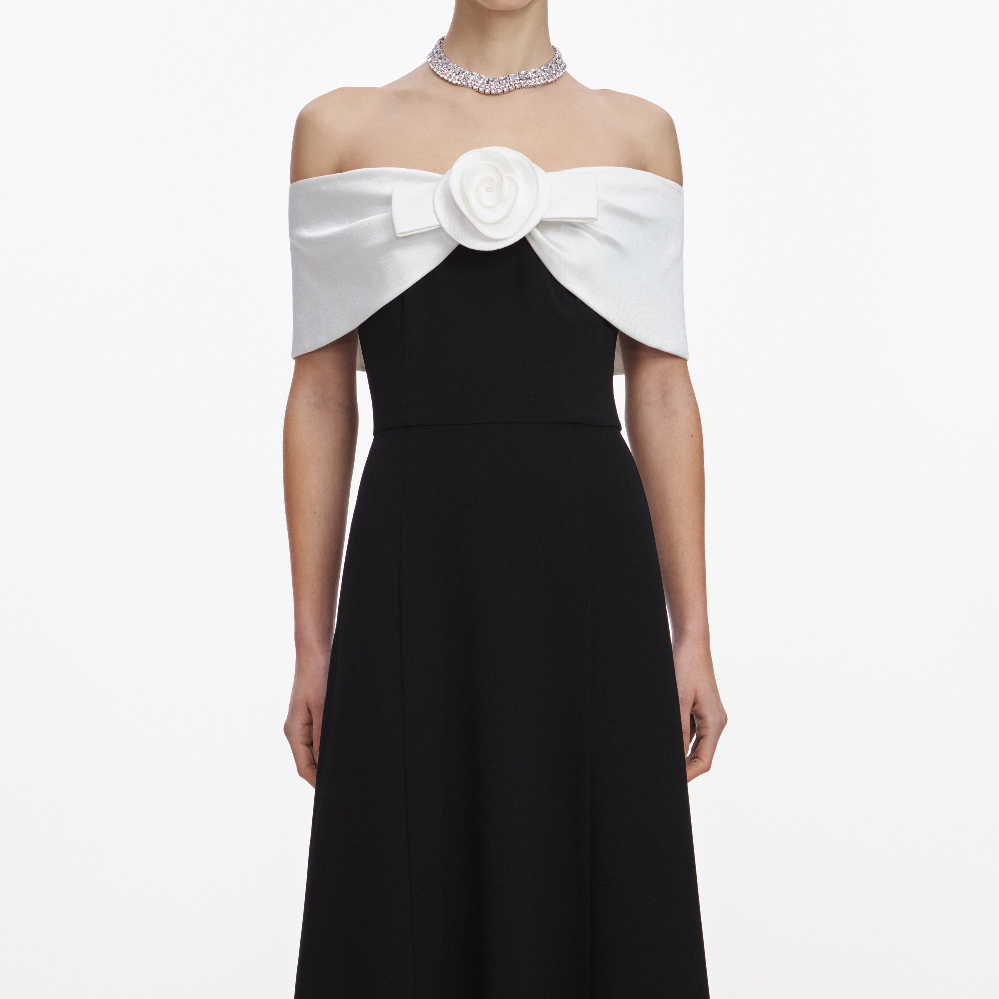 Black Crepe Flower Midi Dress
