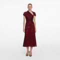 Red Rhinestone Drape Midi Dress