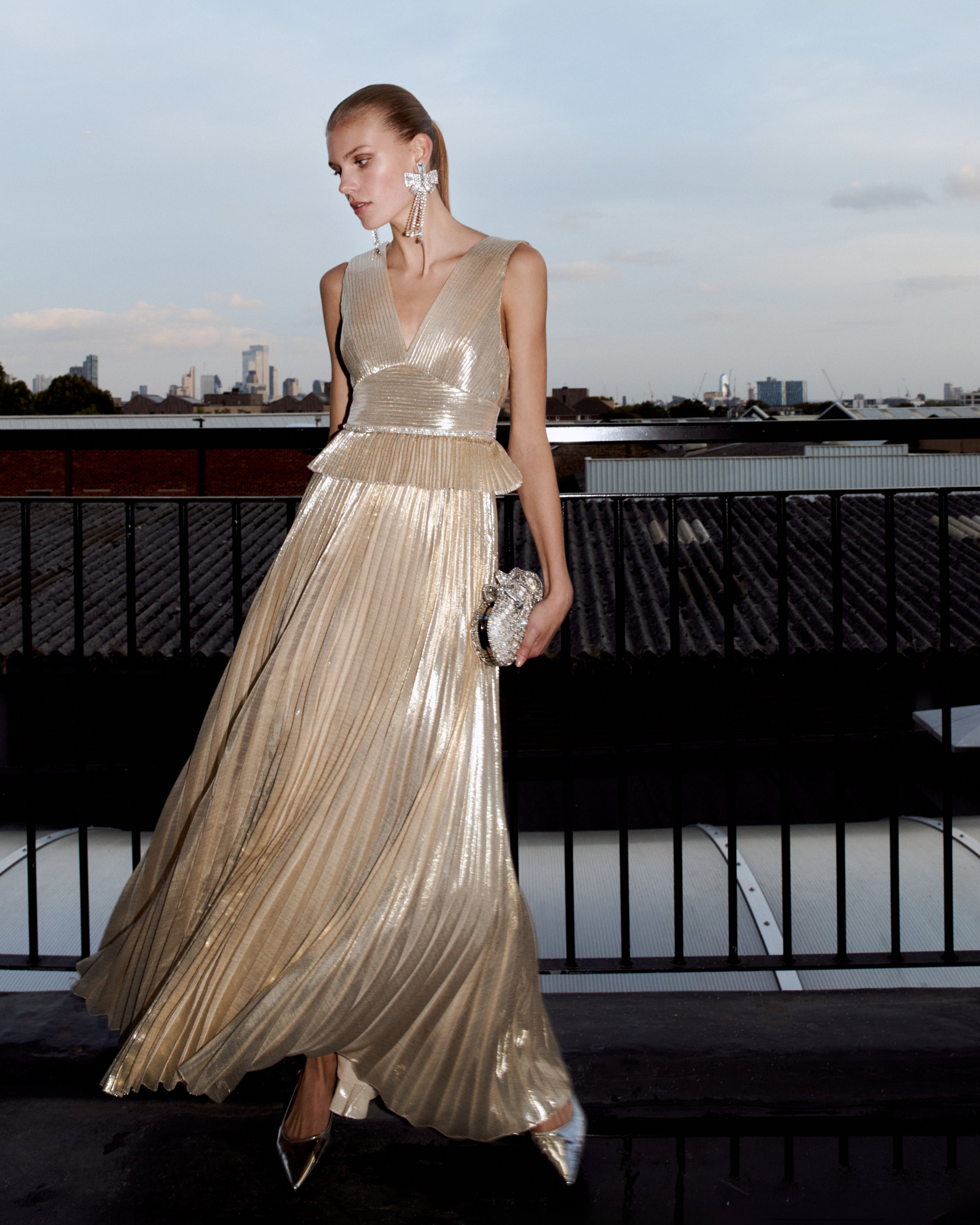 Gold Metallic V-Neck Maxi Dress