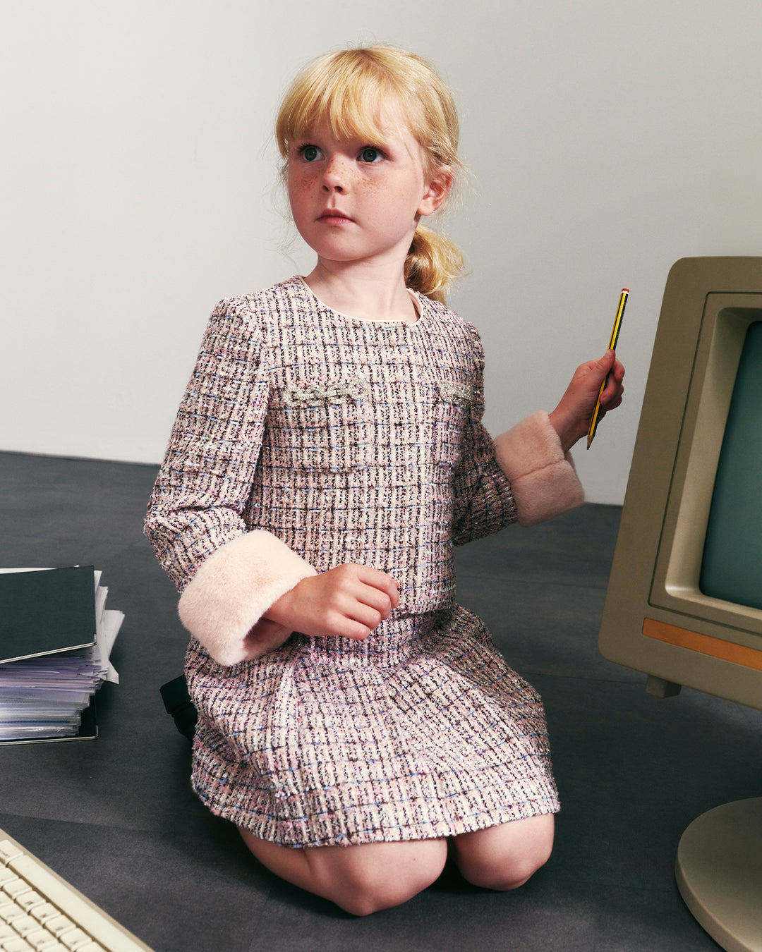 Pink Pleated Boucle Skirt