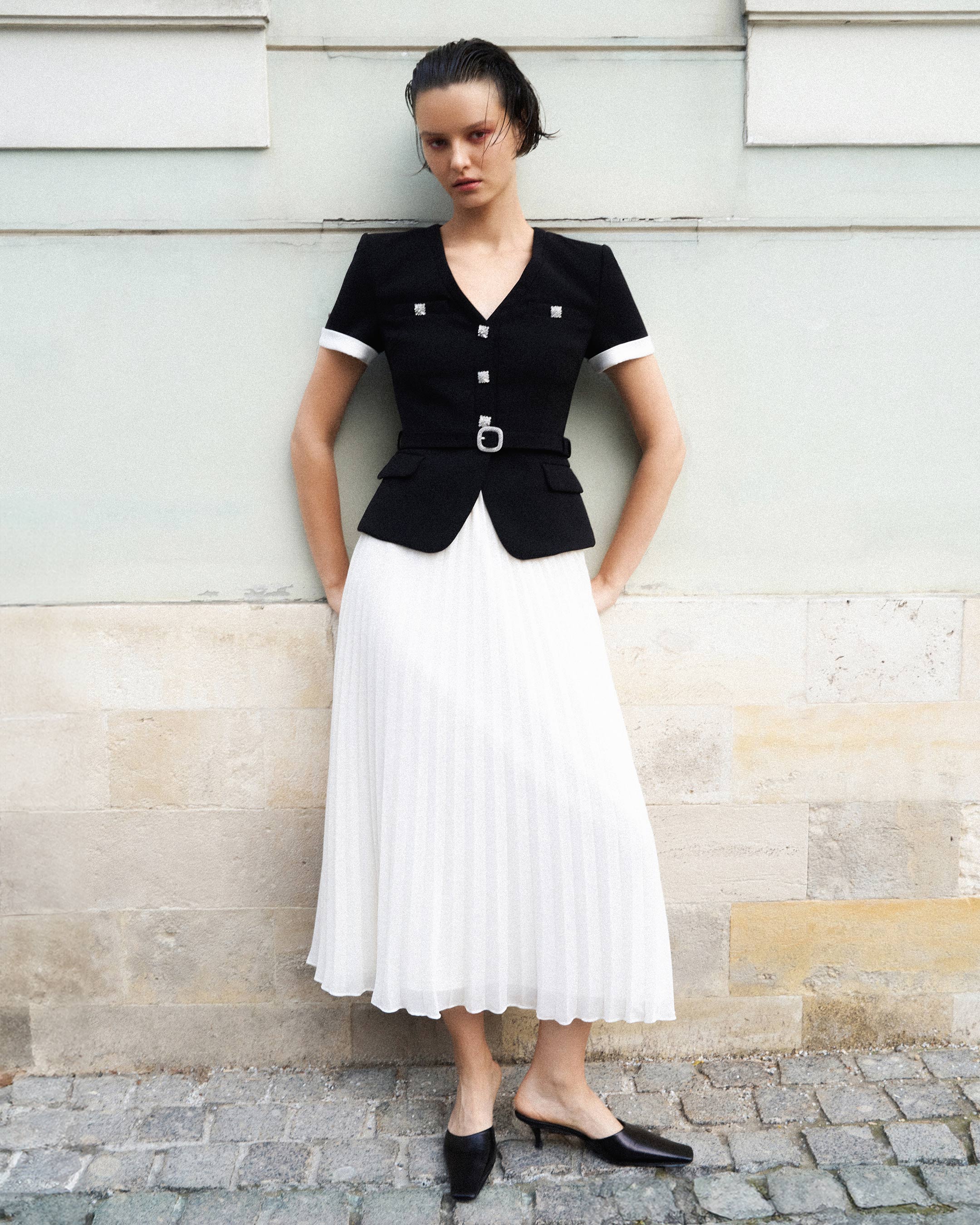 Black Crepe Contrast Chiffon Midi Dress