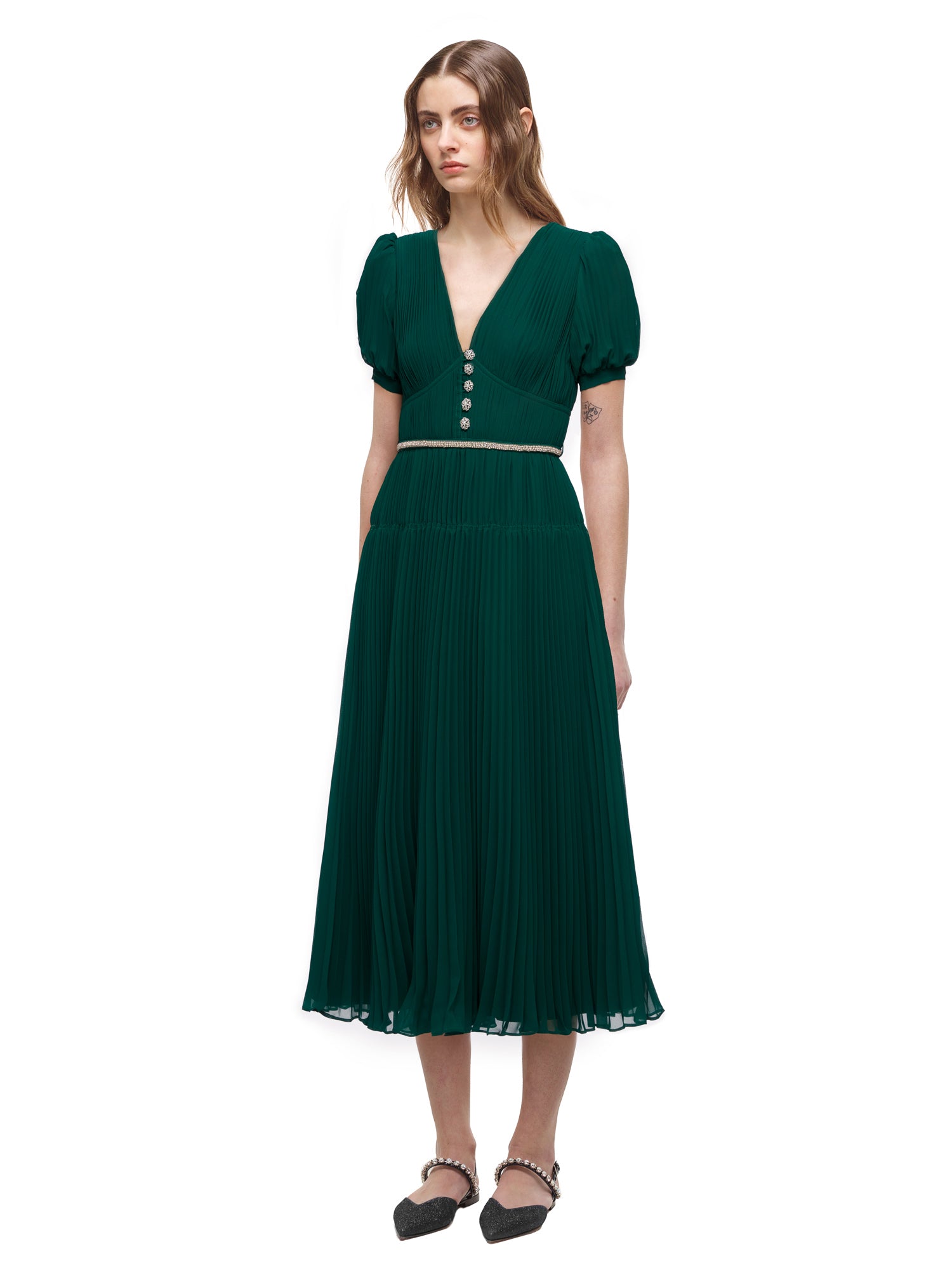 Deep Green Chiffon Pleated Midi Dress